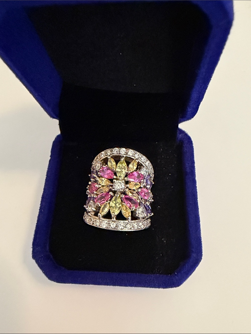 Sterling Silver multigem pink & yellow Floral Cocktail Ring Beautiful R China